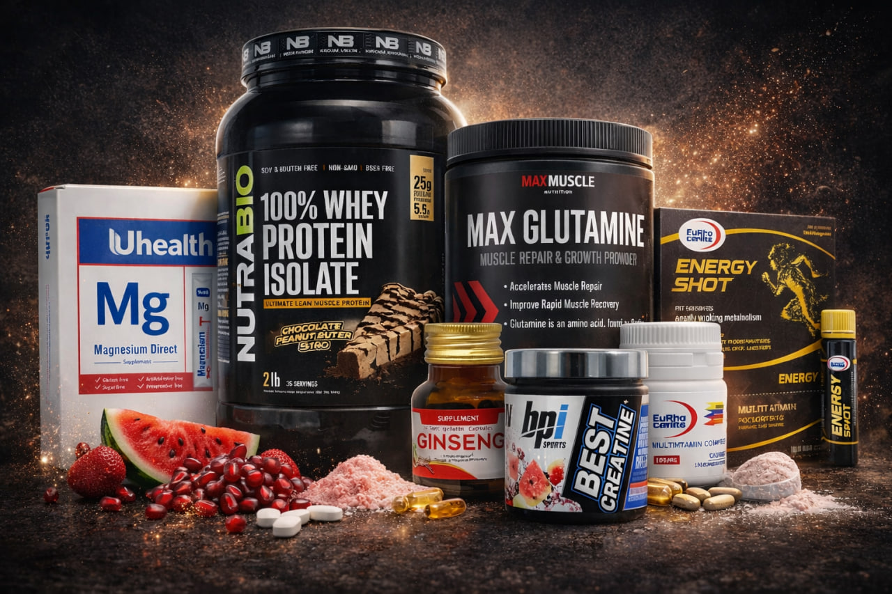 پکیج کامل انرژی، عضله‌سازی و ریکاوری | پروتئین وی ایزوله + گلوتامین + منیزیم + جینسینگ + مولتی‌ویتامین + کراتین بی پی ای