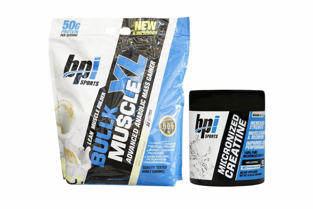 پک پودر گینر وانیلی BPI Bulk Muscle XL بی پی آی 6803 گرم + پودر کراتین میکرونایزد بی پی آی اسپورت 300 گرم