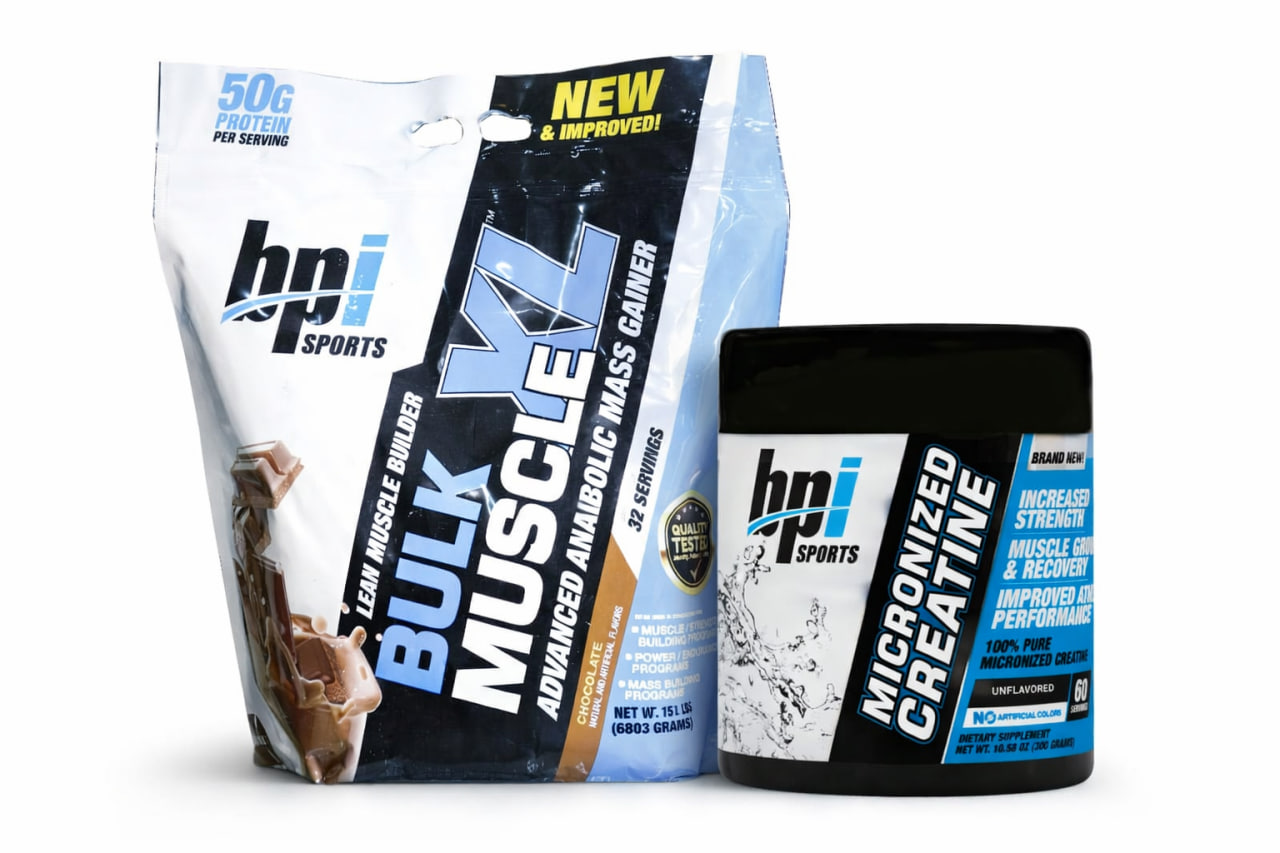 پک پودر گینر شکلاتی BPI Bulk Muscle XL بی پی آی 6803 گرم + پودر کراتین میکرونایزد بی پی آی اسپورت 300 گرم
