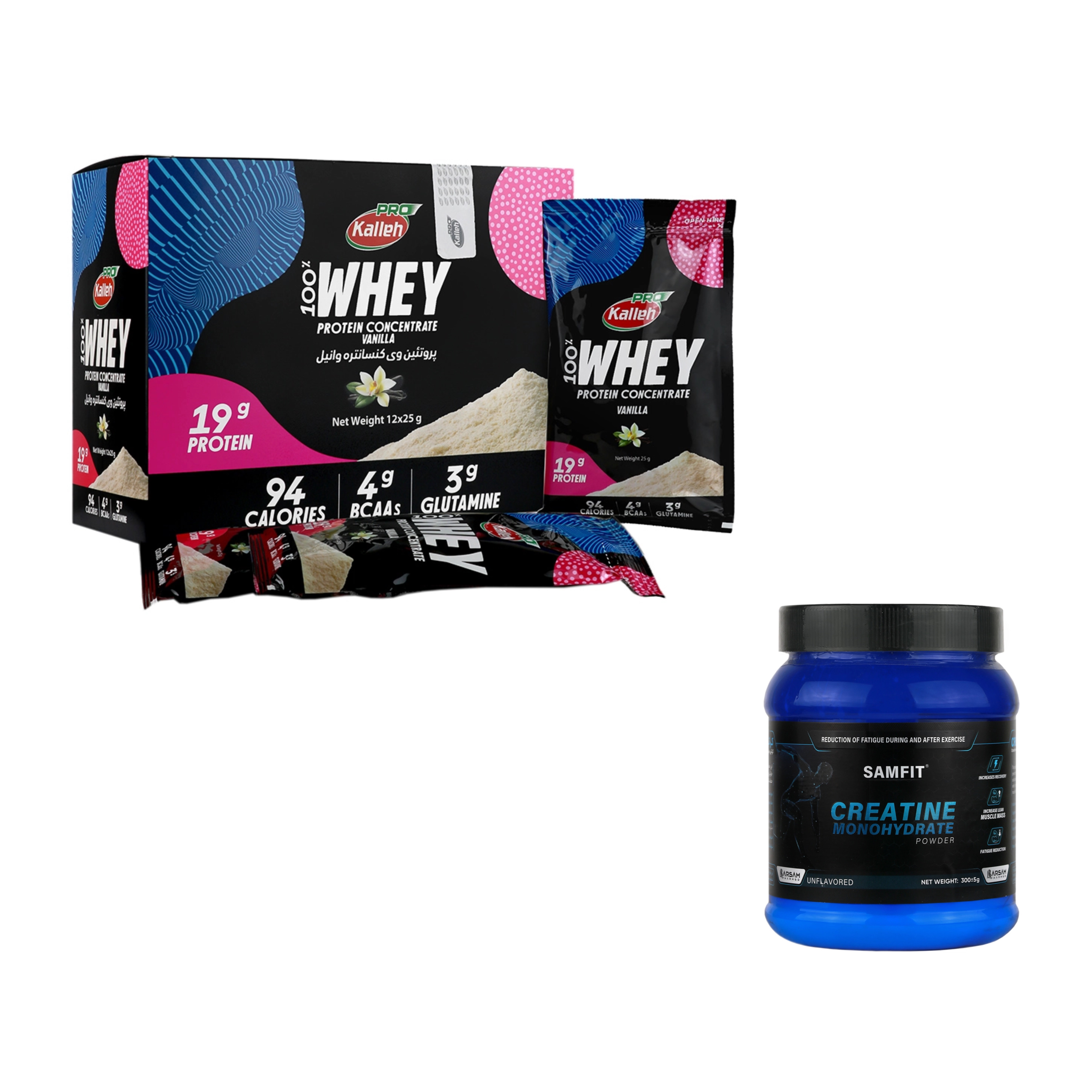 پکیج ساشه پروتئین وی وانیل کاله پرو 12 عدد 25 گرمی + کراتین مونوهیدرات سام فیت 300 گرمی بدون طعم