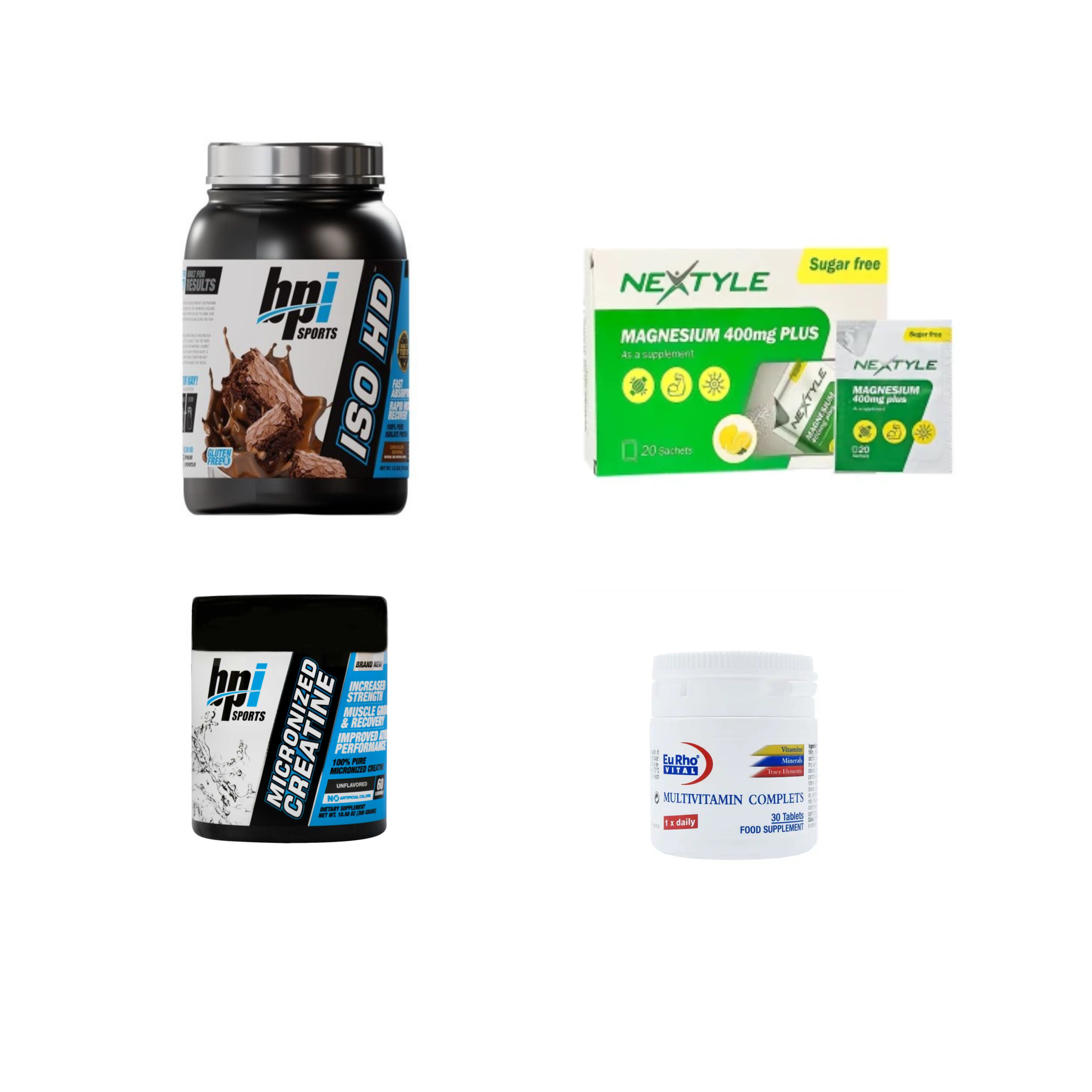 پکیج پودر کراتین میکرونایزد بی پی آی اسپورت 300 گرم - افزایش قدرت و عضله سازی + قرص مولتی ویتامین مینرال یوروویتال ۳۰ عددی – تقویت سیستم ایمنی و سلامت عمومی بدن + ساشه منیزیم 400 میلی گرم پلاس نکستایل 20 عددی + پروتئین وی ایزوله کیک شکلاتی ۷۳۶ گرم