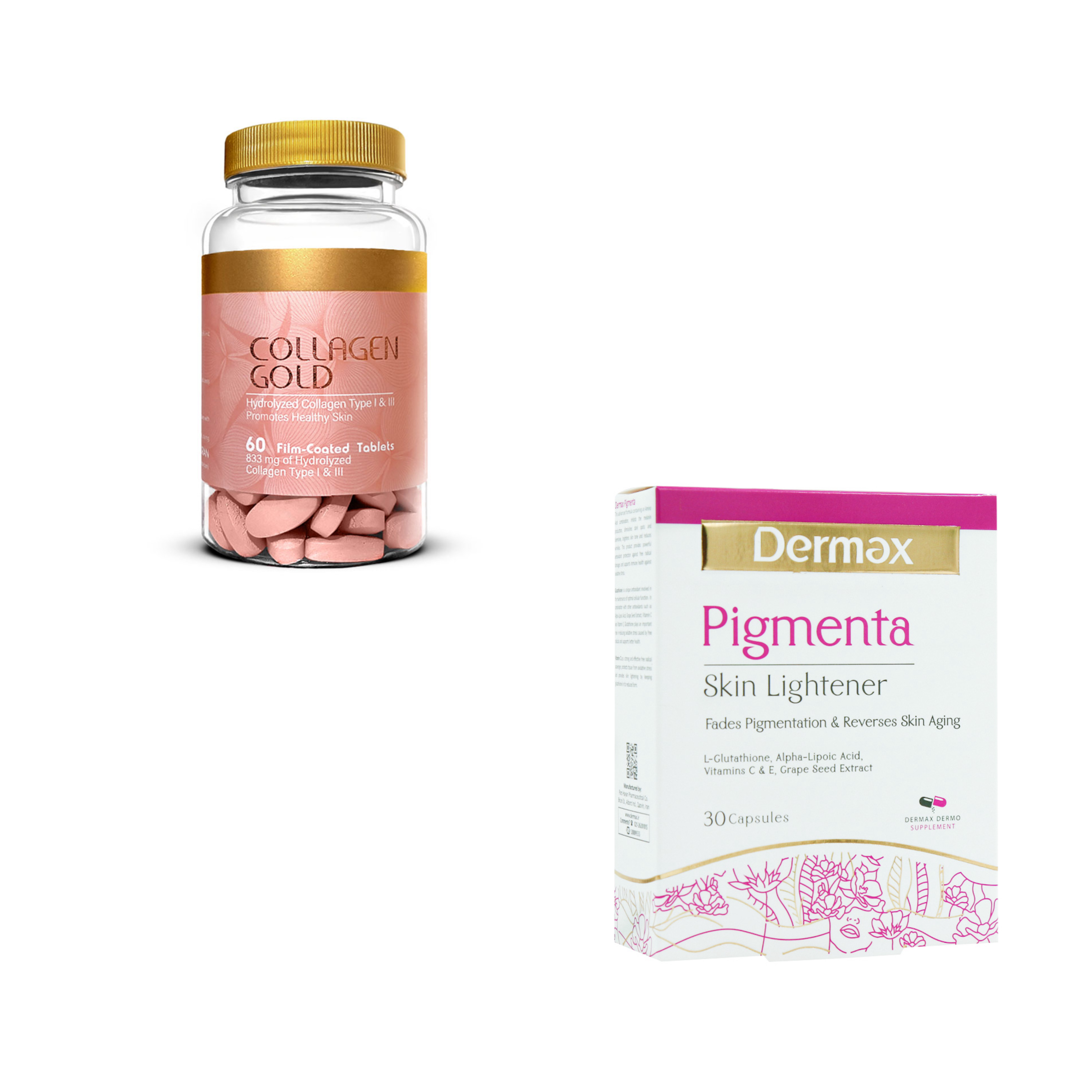 پکیج پیگمنتا قرص روشن‌کننده پوست و ضد لک + قرص کلاژن گلد آدریان 60 عدد