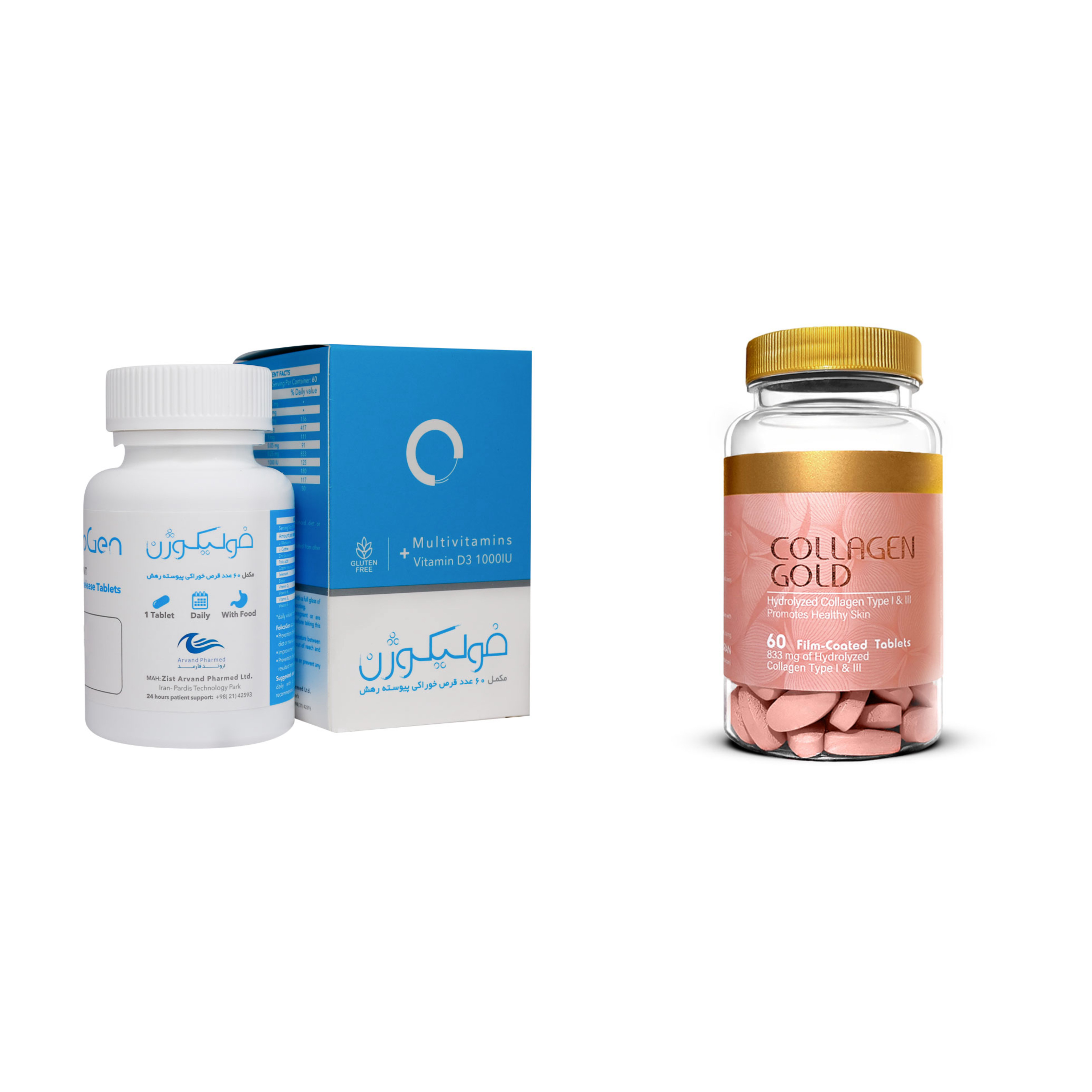 پکیج قرص فولیکوژن اروند فارمد + قرص کلاژن گلد آدریان 60 عدد
