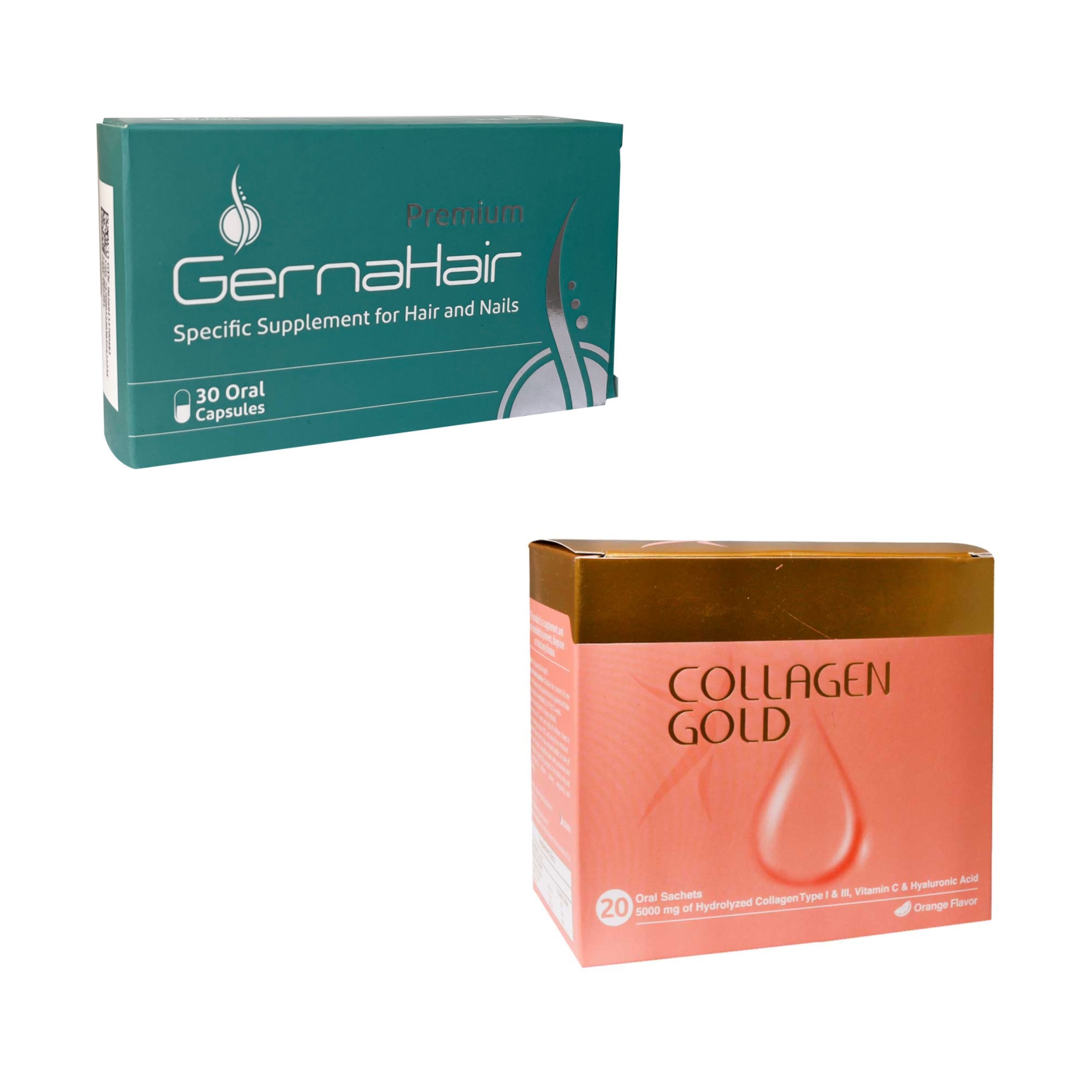پکیج کپسول گرناهیر پریمیوم آدریان - جلوگیری از سفیدی و ریزش مو (30 عددی) + کلاژن گلد ساشه 20 عددی طعم پرتقالی