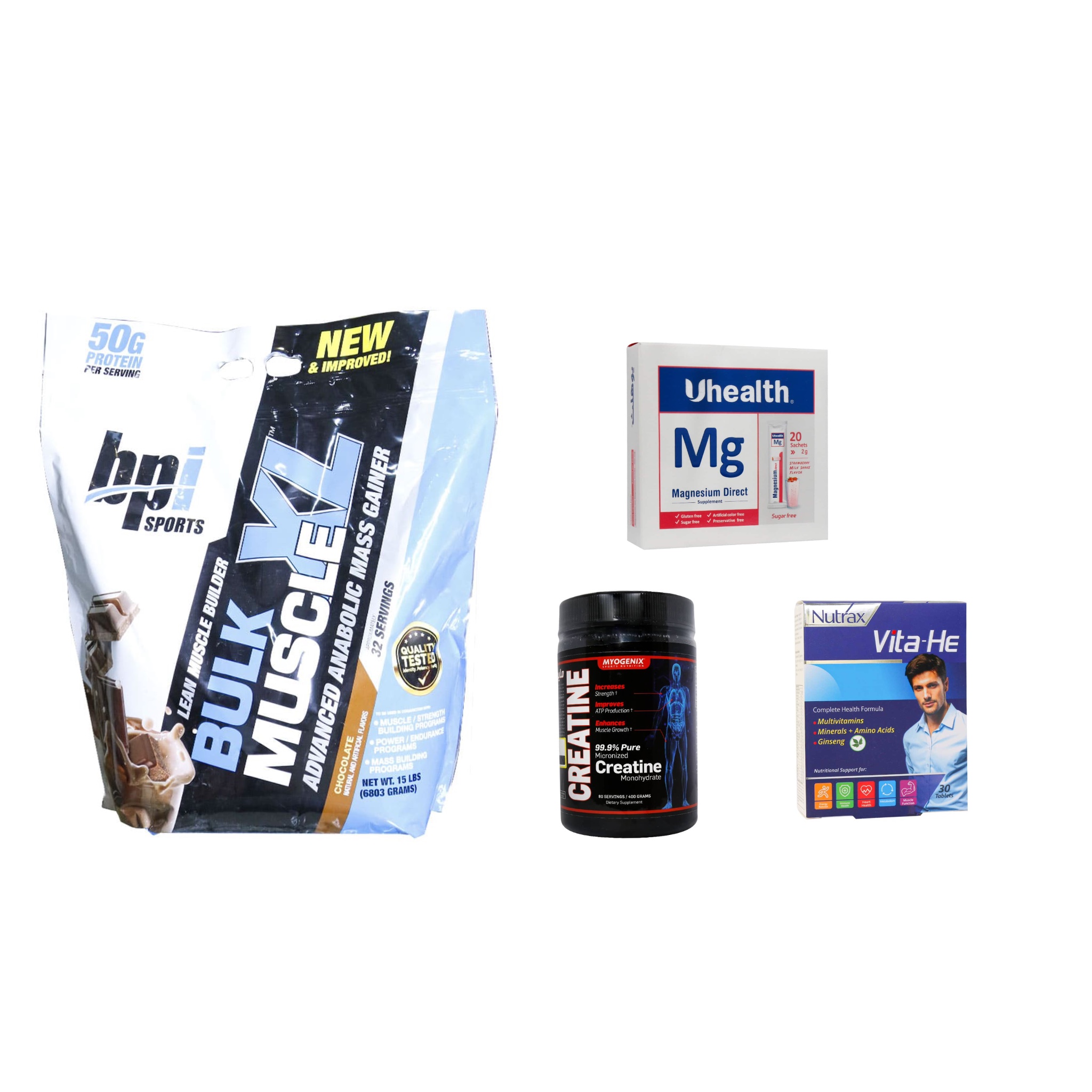 پکیج پودر گینر شکلاتی BPI Bulk Muscle XL بی پی آی 6803 گرم + پودر کراتین مونوهیدرات مایوجنیکس ۴۰۰ گرم + قرص ویتا هی نوتراکس ۳۰ عددی + ساشه منیزیم دایرکت هلث اند مور 20 عدد
