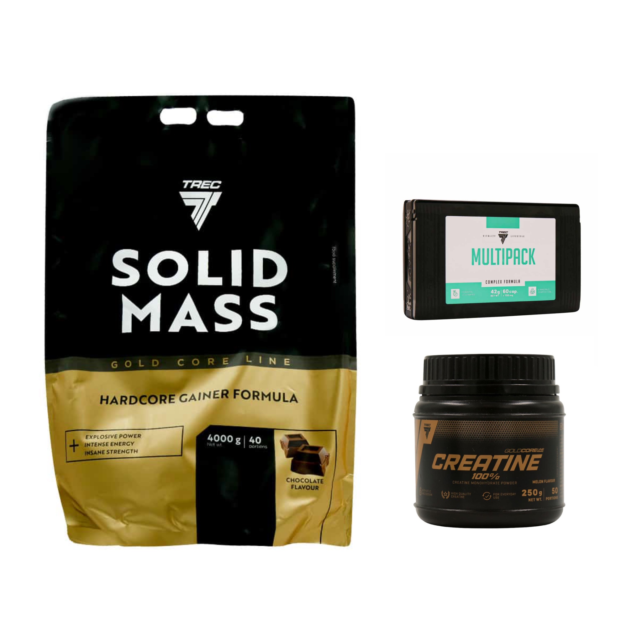 پکیج پودر گینر ترک سولید مس شکلاتی 4000 گرمی + کراتین 100 درصد ترک نوتریشن 250 گرمی + مولتی پک ترک نوتریشن 60 عددی