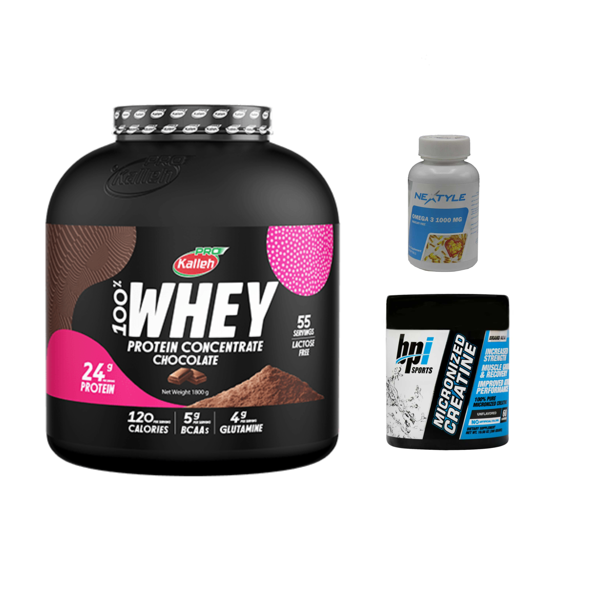 پکیج پروتئین وی شکلاتی 1800 گرم + پودر کراتین میکرونایزد بی پی آی اسپورت 300 گرم - افزایش قدرت و عضله سازی + امگا 3 نکستایل 1000 میلی گرمی 60 عددی