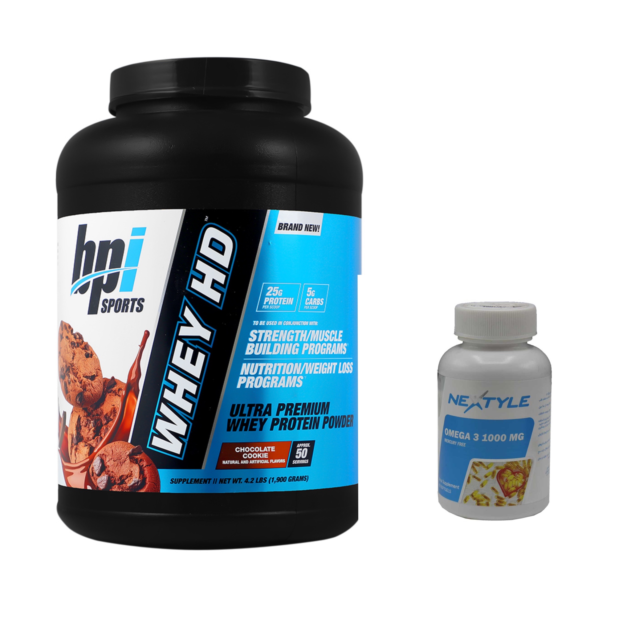 پکیج بی پی آی پروتئين بيسکويت شکلاتی وزن 1900 گرم + امگا 3 نکستایل 1000 میلی گرمی 60 عددی