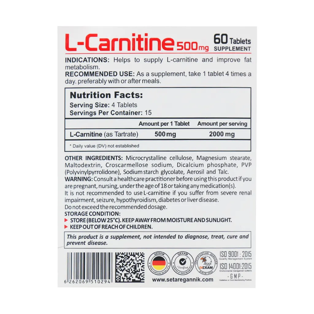 قرص ال کارنیتین ۵۰۰ میلیگرم ویتاپی ۶۰ عددی | چربیسوزی، کاهش وزن و افزایش انرژی