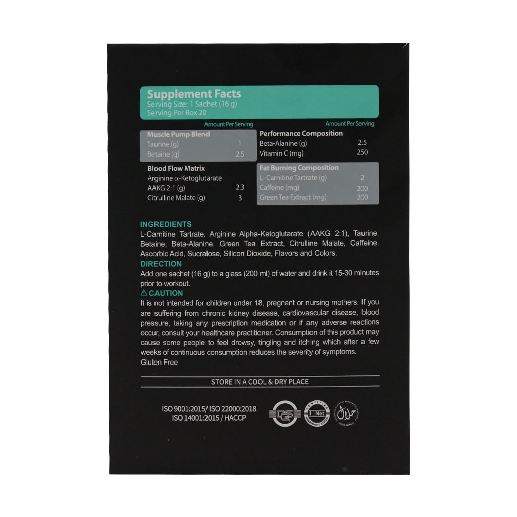 ساشه پره فور کات پی ان سی ۱۶ گرمی ۲۰ عددی طعم آلبالویی | پمپ قوی، چربی‌سوز و افزایش انرژی